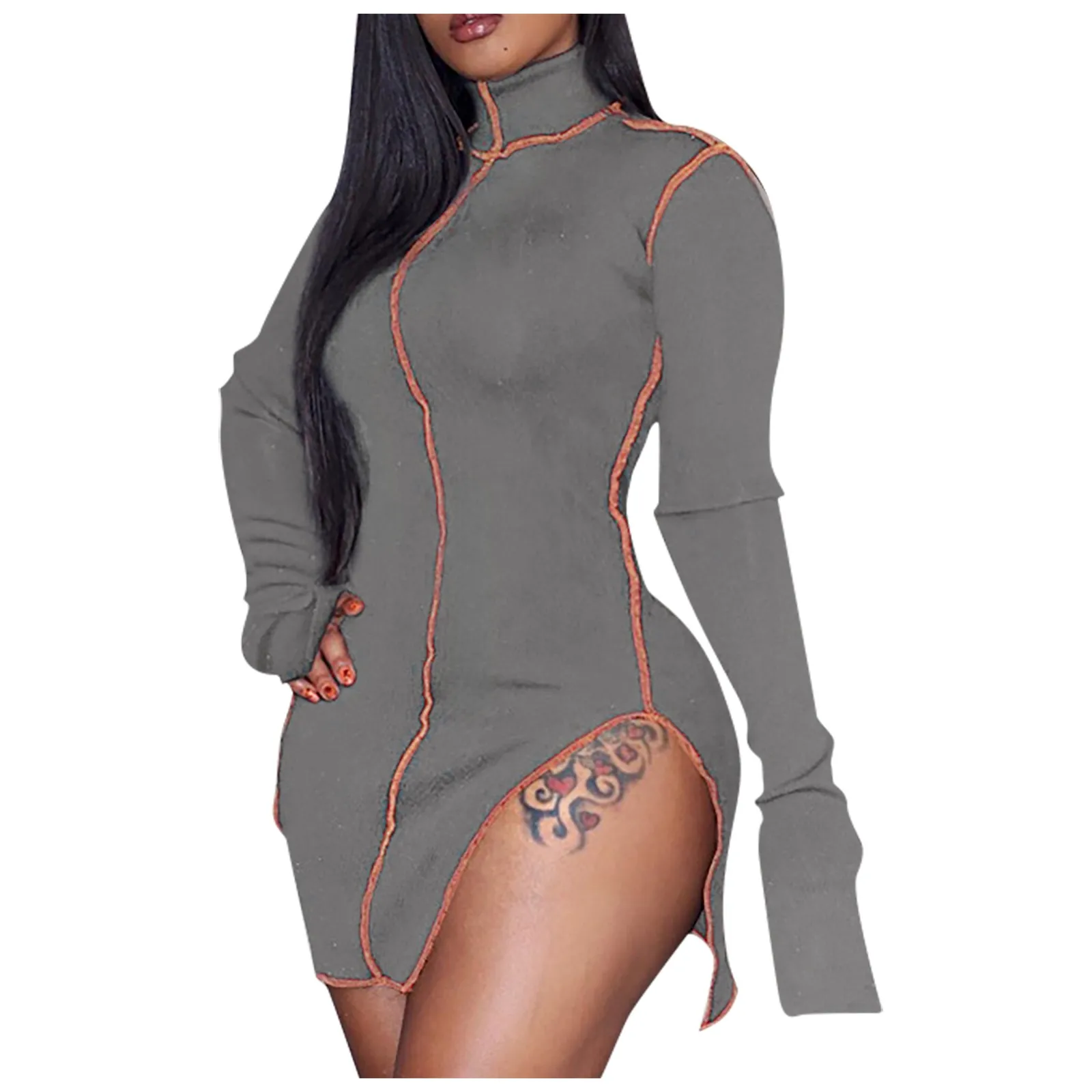 Fashion Long-sleeved dress High Collar robe Splicing Line Temperament Slim Dress Women Casual Loose woman женское платье |