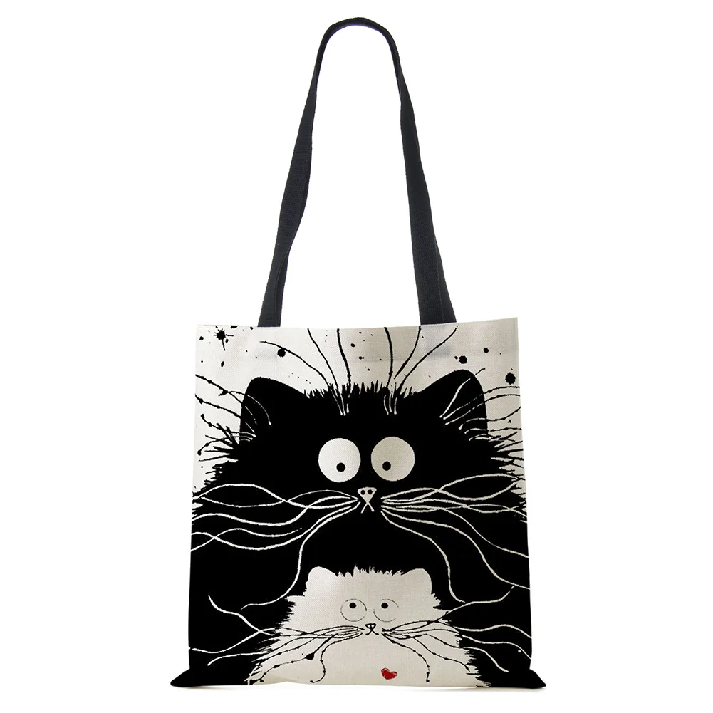 Women Handbags Linen Tote Bag Tote Shopping Bag Cute Cat Printing Women Handbag with Print Casual Traveling Beach Bags