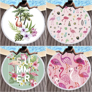 

Flamingo Floral Microfiber Beach Towel Strandlaken Large Round Beach Towel Summer Towel Tassels Picnic Yoga Mat Blanket Carpet