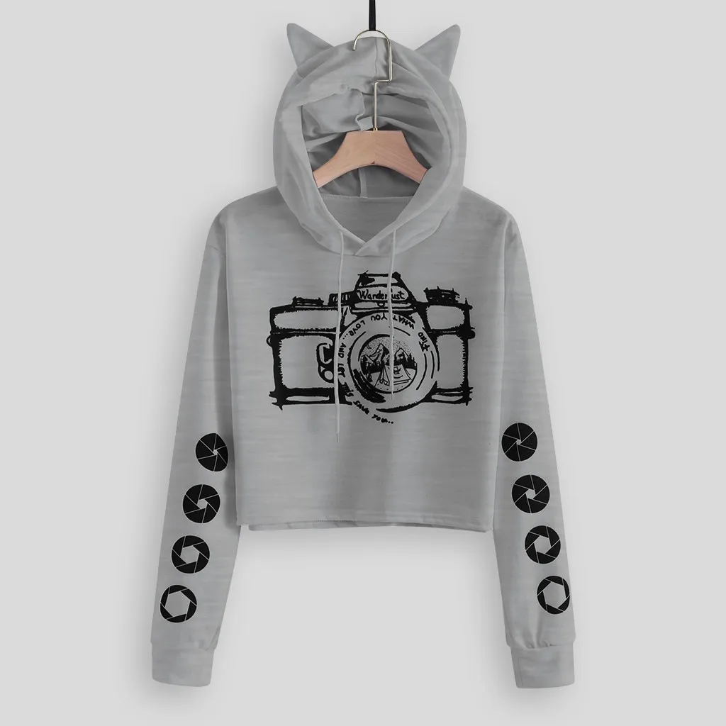 Newly Design Black Camera Print Cat Ear Hoodies Sweatshirts Women Girls Front Pocket Long Sleeve Hoody Pullover Female#G7 | Женская