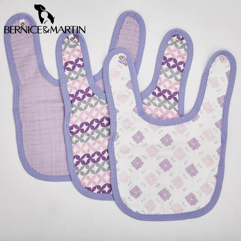 

BERNICE & MARTIN 100% Cotton Muslin Classic Adjustable and Soft Absorben Baby Girl Boy Snap Bib 10" X 14" 3 Pack