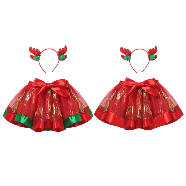 Falda para niñas, traje de Navidad con costuras, vestido de baile con estampado, tutú de malla con conjunto de pompón _ - AliExpress