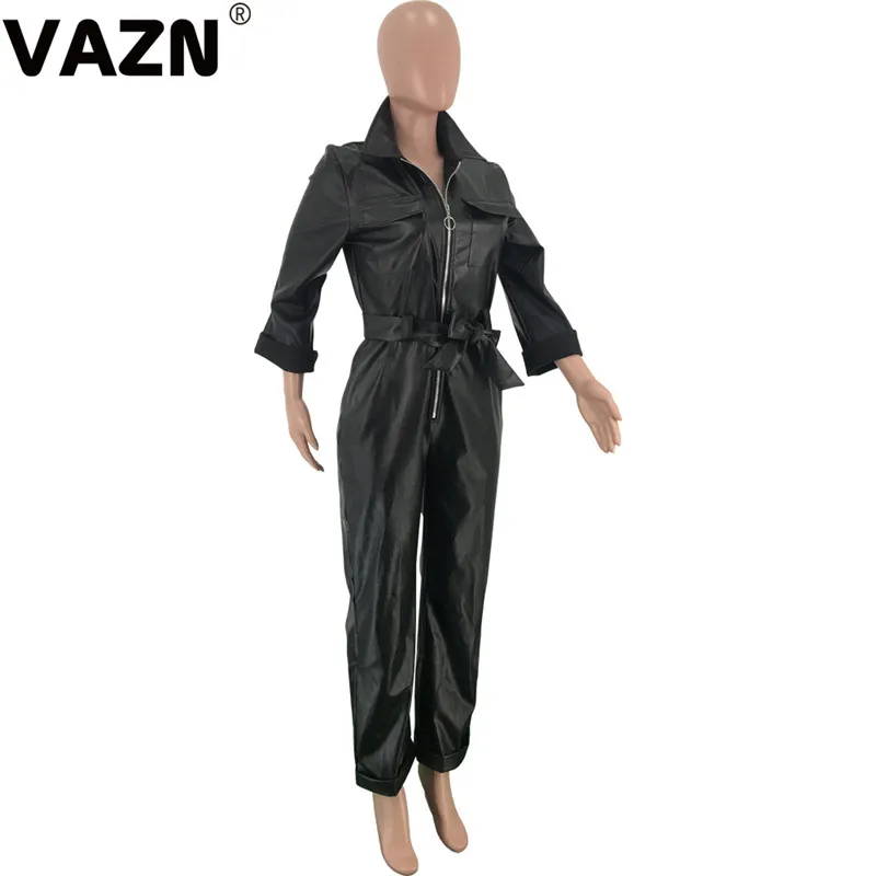 VAZN,, Кожаные Классические черные комбинезоны, высокое качество, высококачественные повседневные Комбинезоны, сексуальные, полный рукав, на шнуровке, комбинезоны прямого силуэта