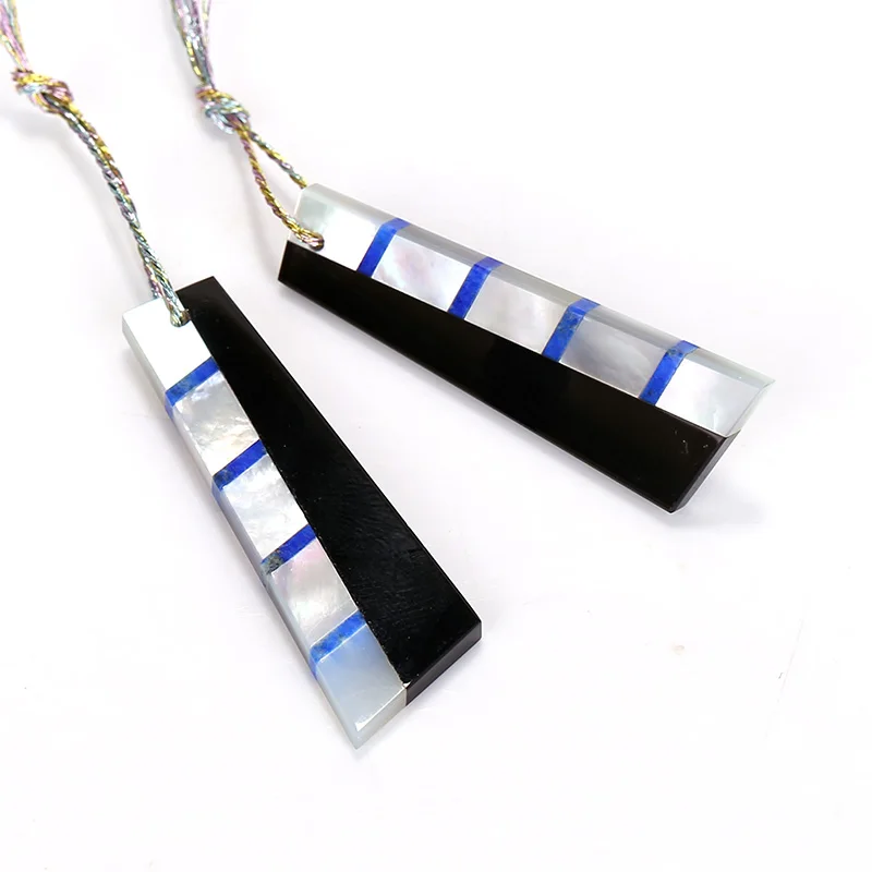 New design! M.O.P, Obsidian And Lapis Lazuli Intarsia Gemstone Earrings Bead, 37x11x2mm, 4g