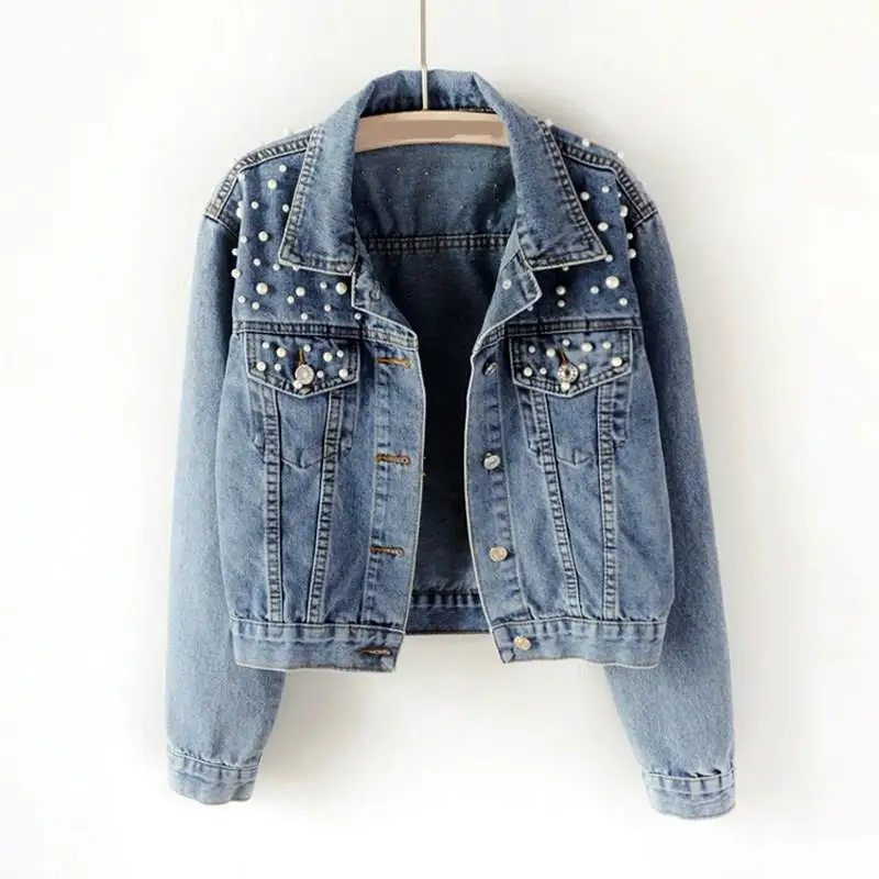 Fall Women Casual Blue Oversized Denim Jacket Long Sleeve Beading Pockets Jackets Lapel Loose Pearl Short Outerwear | Женская одежда