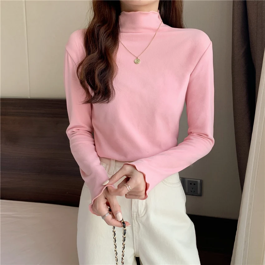 T 셔츠 여성 하라주쿠 Tshirt 자르기 탑 한국 패션 T-셔츠 긴 소매 탑 티 셔츠 Femme 가을 겨울 터틀넥 셔츠