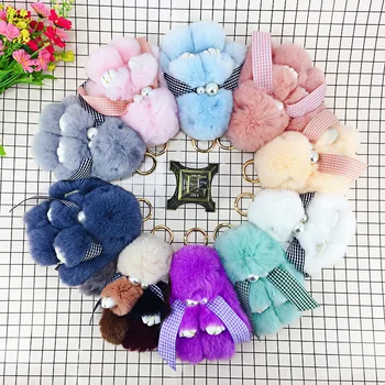 

Trends Creative Cute Pearl Ribbon Plush Rabbit Keychain Ladies Bag Plush Pendant Car Key Alloy Hanging Ring Children Plush Gift