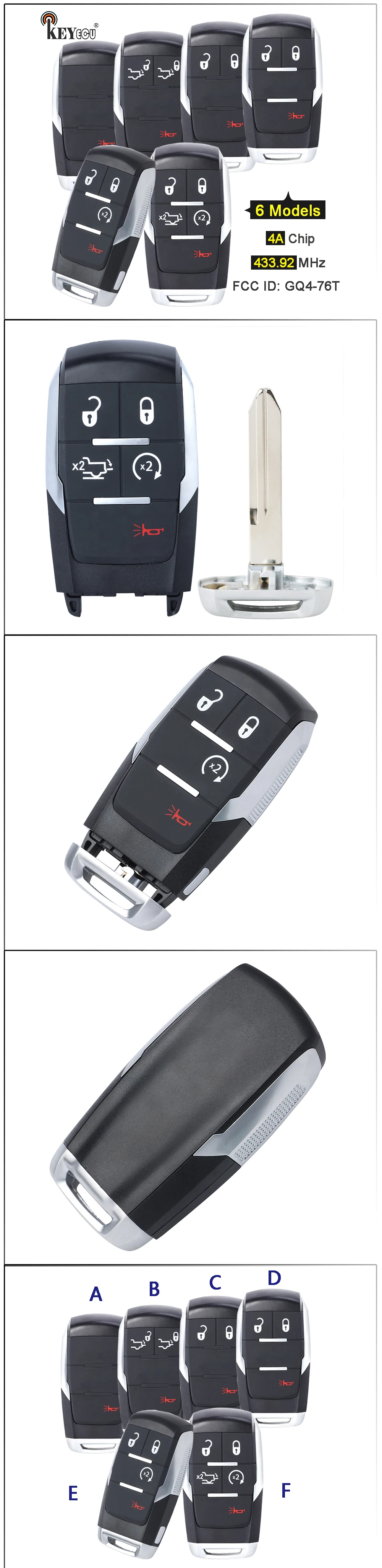 Keyforkess 433.92MHz Chip di 4A GQ4-76T 68374993 68381171 68375455 68365299 68365327 68375457 Chiave A Distanza di Fob RAM 2500 3500 4500 5500 - Hb1a42f7f1c3648c59fb3e5e7fa1fa30bu