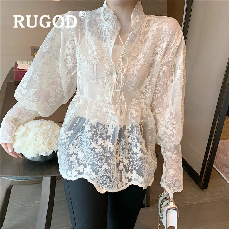 RUGOD топы с пышными рукавами для женщин, вышивка, элегантный прозрачный топ, Женская Корейская одежда, рубашка с длинным рукавом для женщин,, воротник-стойка