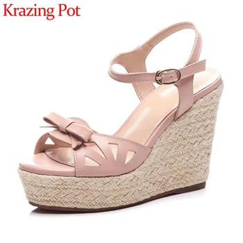 

Krazing pot natural leather peep toe super high heels straw wedges butterfly-knot sweet elegant lady slip on sandals women L3f0