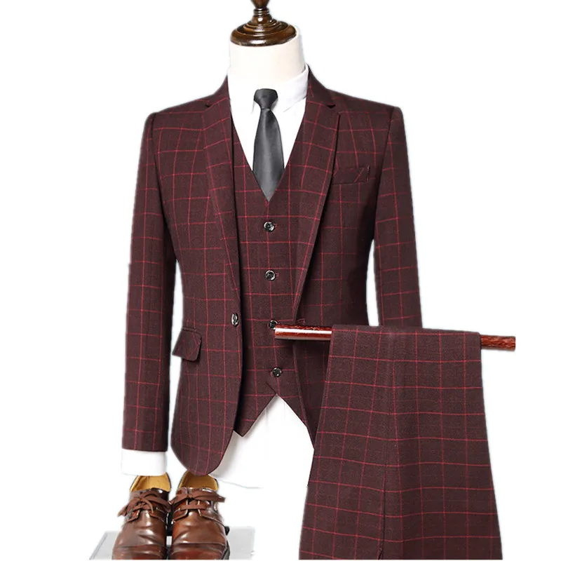 

Мужской костюм из 3-х предметов, пиджак, брюки, жилет, Высококачественная проверка, деловые случайные костюмы