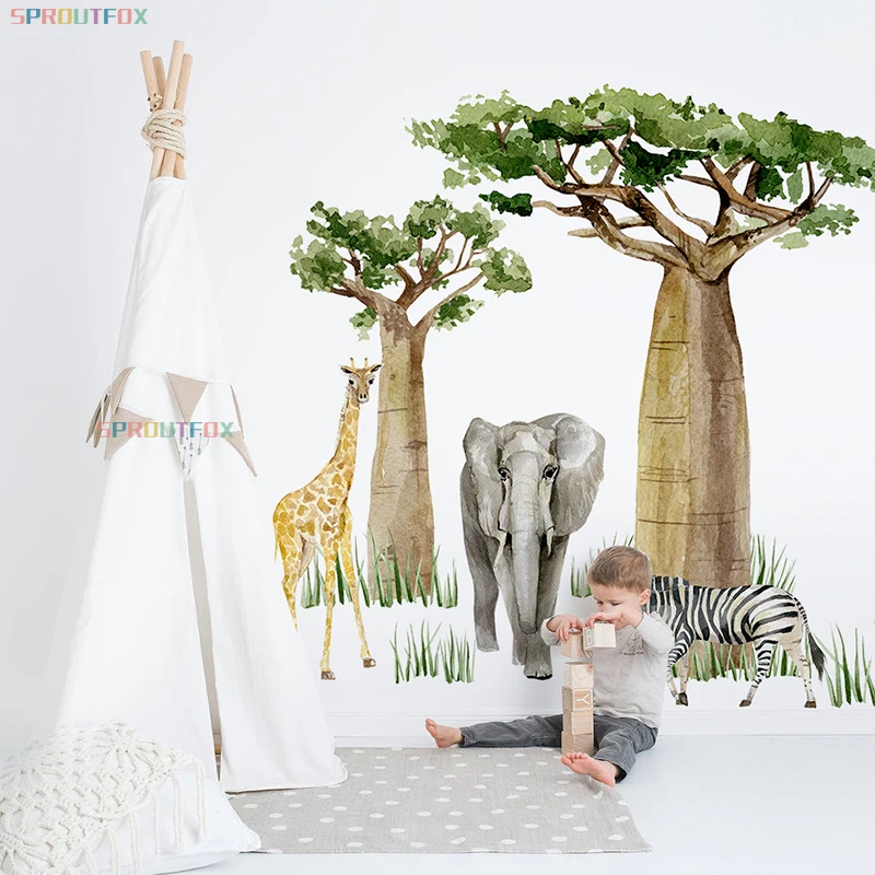 

Large Forest Animal Wall Sticker For Kids Rooms Giraffe Elephant Zebra Kids Stickers Home Decoration Print Art Vinyl Decal