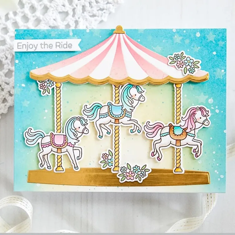 

2019 3D DIY New Layer Metal Cutting Dies and Scrapbooking For Paper Making Carousel Horses Embossing Frame Card Stamps Dies Set