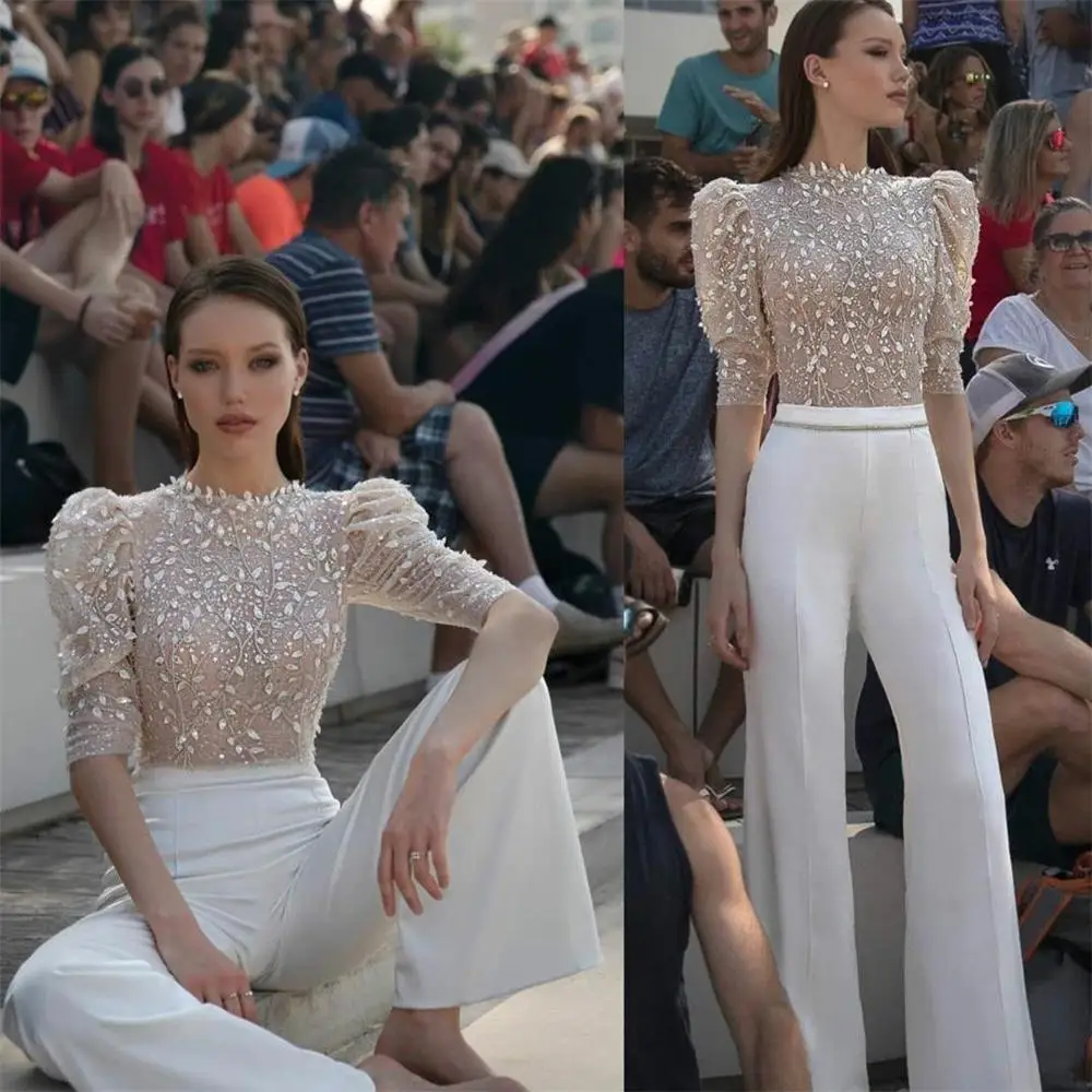 

2020 Modern Illusion Top Prom Dresses Lace Appliqued Jewel Neck Women Pant Suits Evening Gowns Runway Fashion