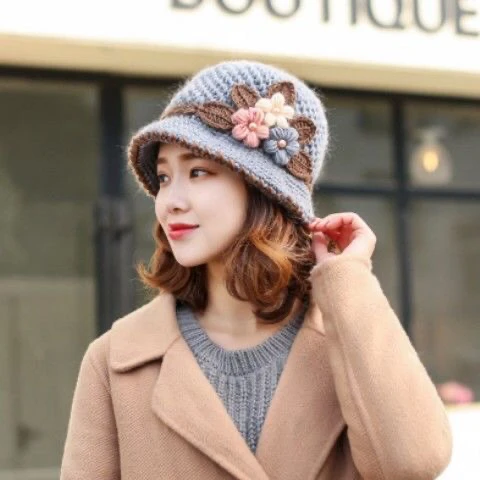 Autumn Winter Knitted Female Three-Dimensional Flower Plush Fisherman Hat Basin Hat Mother Hat Fashion Old Age Cap Khaki 5