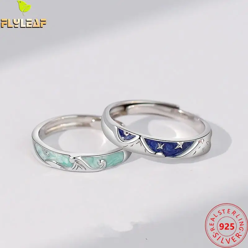 

Romantic Star Sea Couple Ring For Women Men 925 Sterling Silver Platinum Plating Blue Enamel Open Ring Fine Jewelry Gift