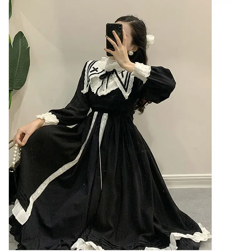 Gothic Lolita Retro Hepburn style little black dress navy collar ruffled dress long sleeve princess kawaii lolita dress,lolita suspender dress,lolita cosplay costumes,suspender dress,lolita skirt,lolita blouses