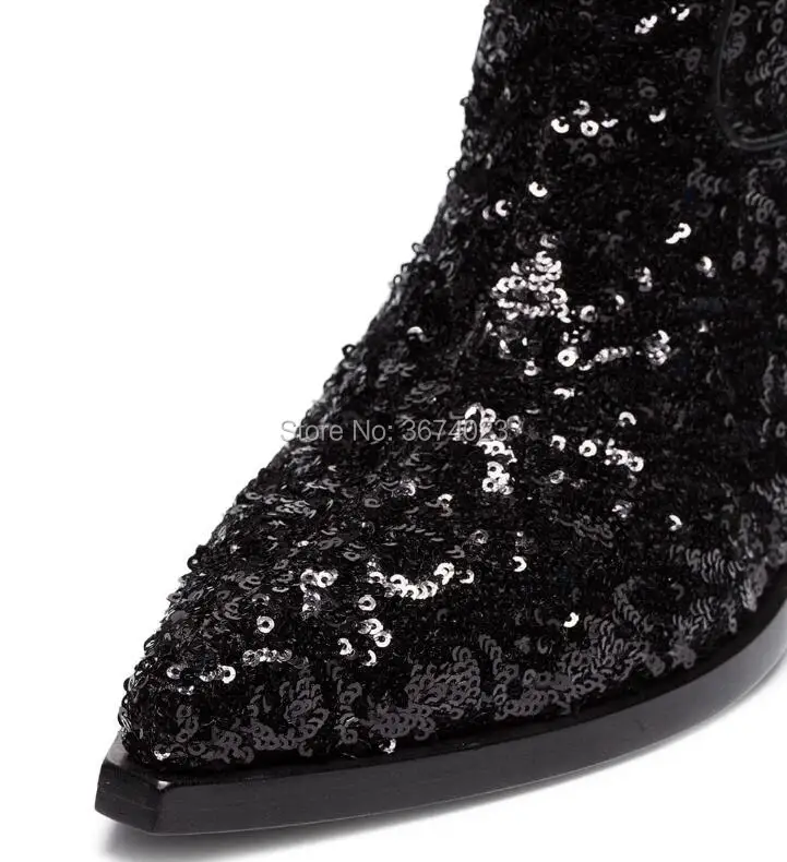 Qianruiti Botas Mujer ботинки с блестками Для женщин тканые туфли, расшитые пайетками Cuben каблук острый носок Taxan ковбойские ботинки взлетно-посадочной осень-зима