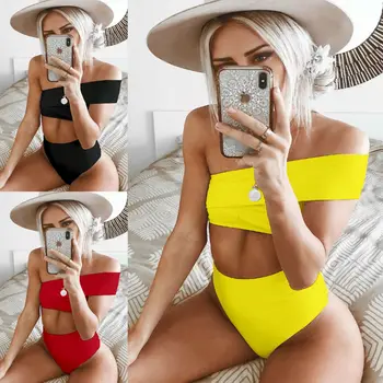 

2019 oblique shoulder chest split bikini swimsuit multicolor sexy unbacked bikini female
