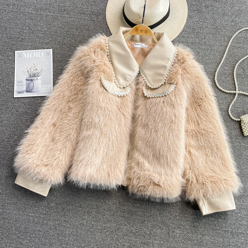 SALE Winter Coat Thick Fox Fur Wind Pearl Beaded Lapel JKP4850