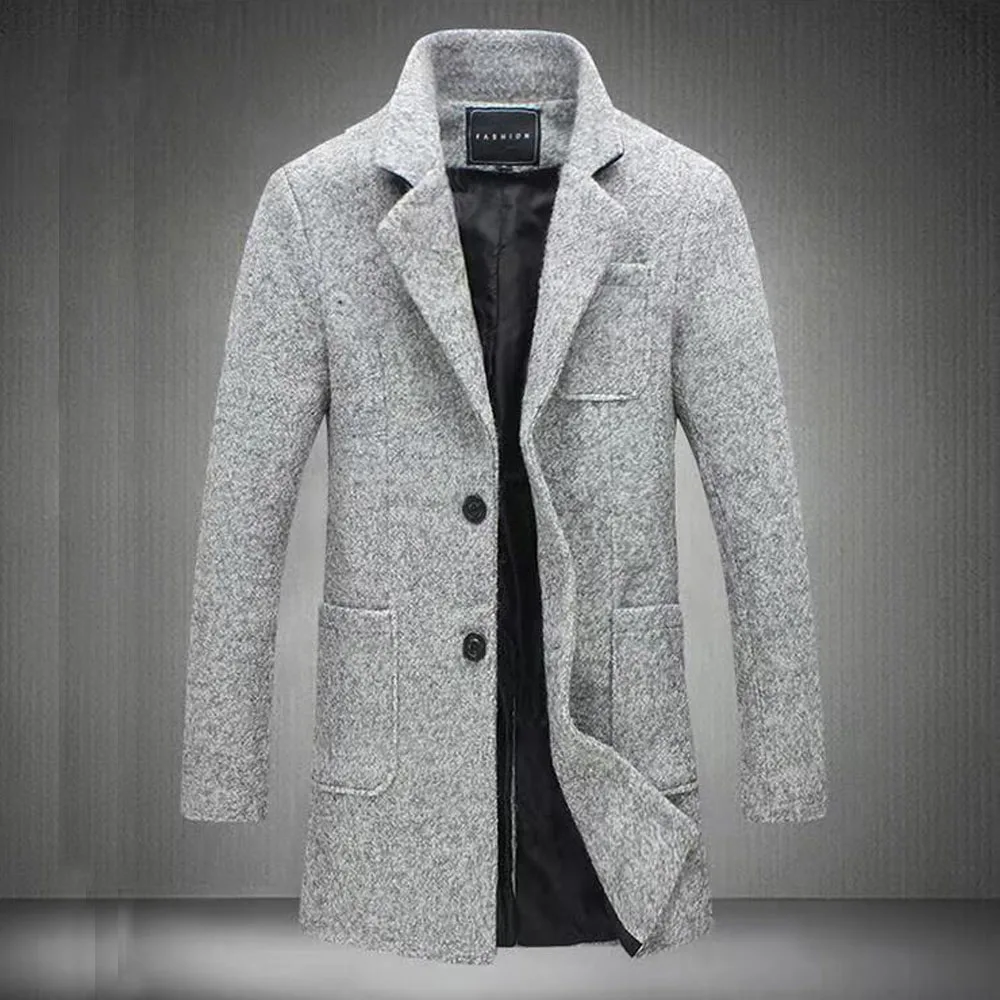 Новейшее длинное шерстяное пальто для мужчин, зимний модный Тренч, утепленная мужская куртка пальто, большие размеры - Цвет: Серый