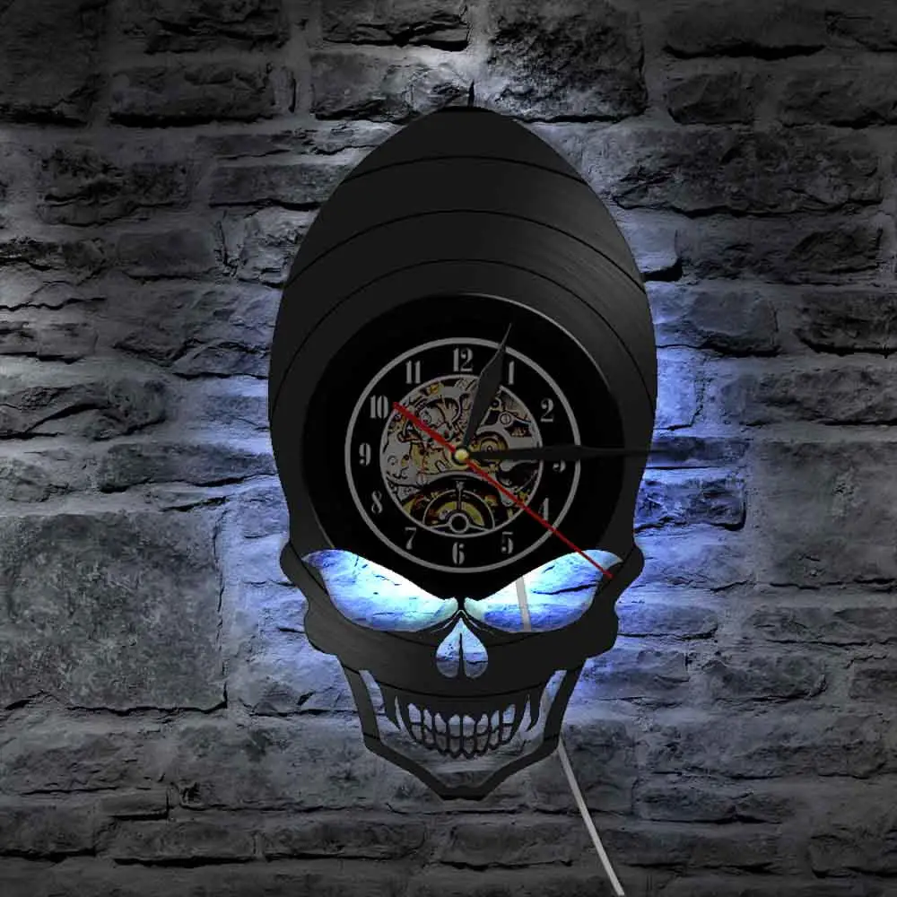 Demon Alien Skull Retro Clock Watch Goth Scary Wide Cheekbones Eyes Skeleton Vintage Vinyl Record Wall Halloween Deco | Дом и сад