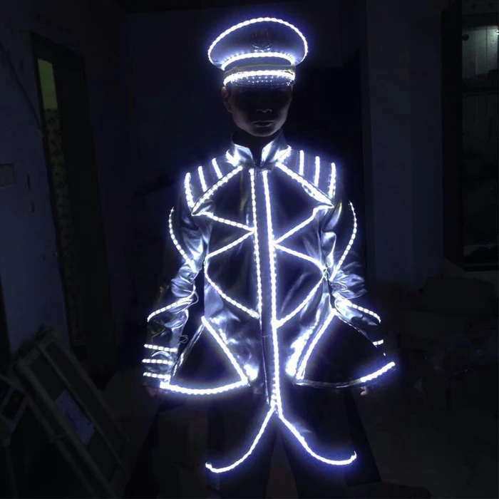 

Cap Glowing clothes White led lumious coat nightclub male performance bar led armor hat flashing ktv service costume