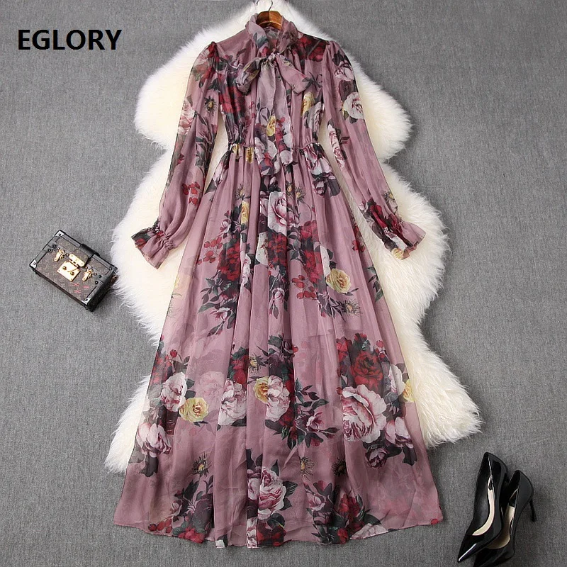 

High Quality Chiffon Long Dress 2020 Spring Summer Style Women Bow Collar Vintage Flower Print Long Sleeve Beach Maxi Dress