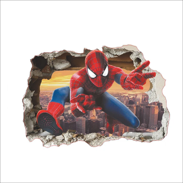 45*50cm hot 3d hole famous cartoon movie spiderman wall stickers for kids rooms boys gifts through wall decals home decor mural 14127