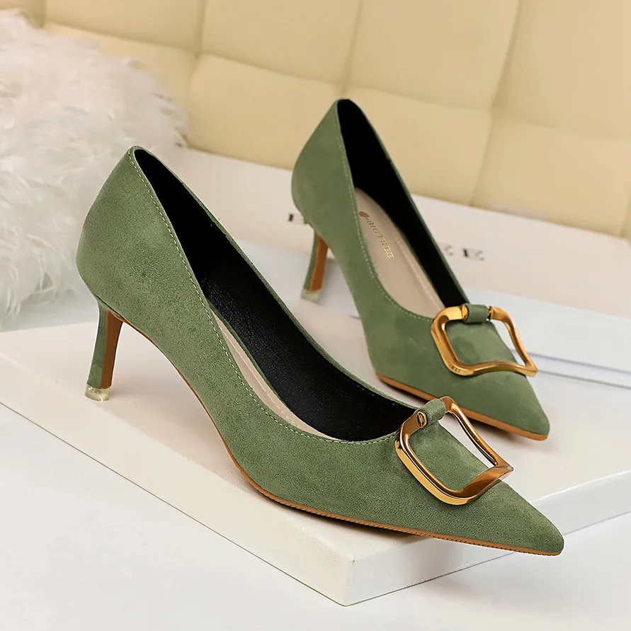 Women 6.5cm High Heels Suede Purples Pumps Lady Scarpins Fashion Kitten Low Heels Sexy Office Green Yellow Office Shoes