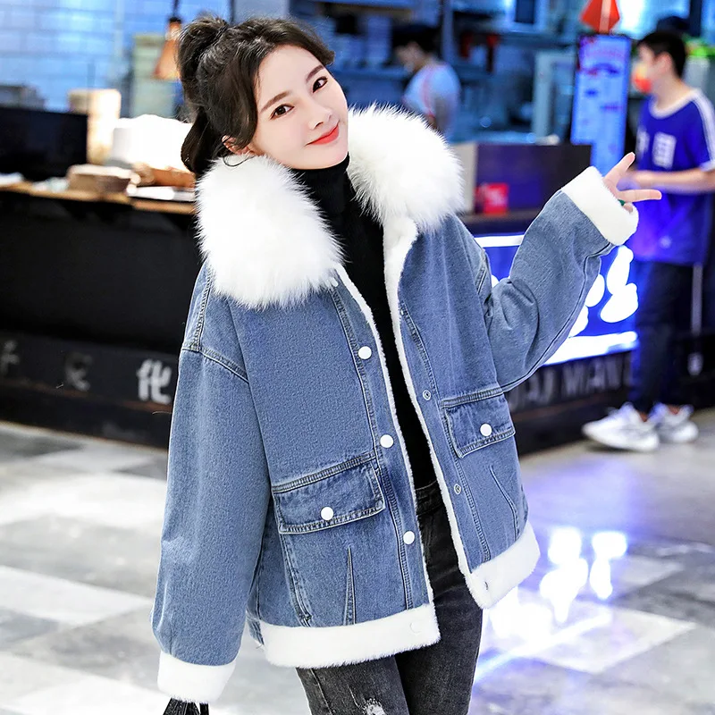 

New Winter Fashion Jacket Denim Coat Looseplus Velvet Thick Warm Jacket Imitate Fur Collar Denim Trendy Jacket Women's Coat