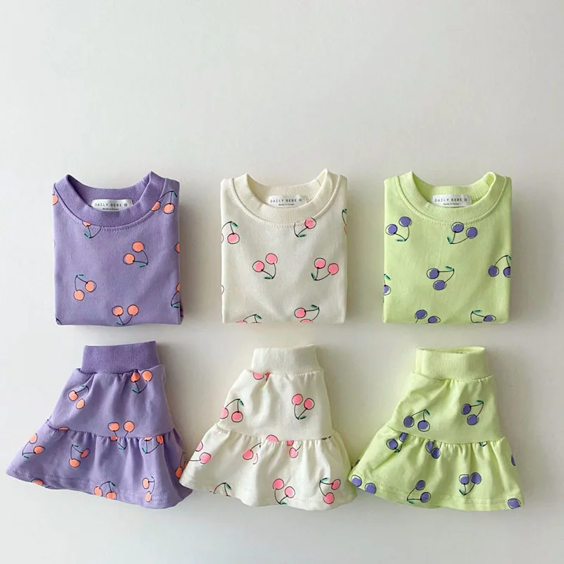 Korean style summer Children Clothes Set Toddler Girls Cheery Printing Suits Cotton Short Sleeve Tee and Skirts Baby Girl Outfit