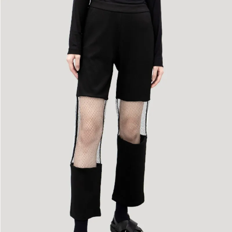 

XUXI Women Mesh Straight Leg Pants Summer High Waist Original Personality Irregular 2020 Nine-Points Pants Pantalon Femme FZ1857