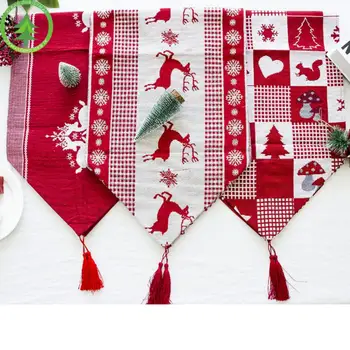 

Christmas Elk Printing Table Runner Long Table Runner Cloth Party Dinner Non-slip Table Runner Cotton Linen Home Decor Xmas Gift