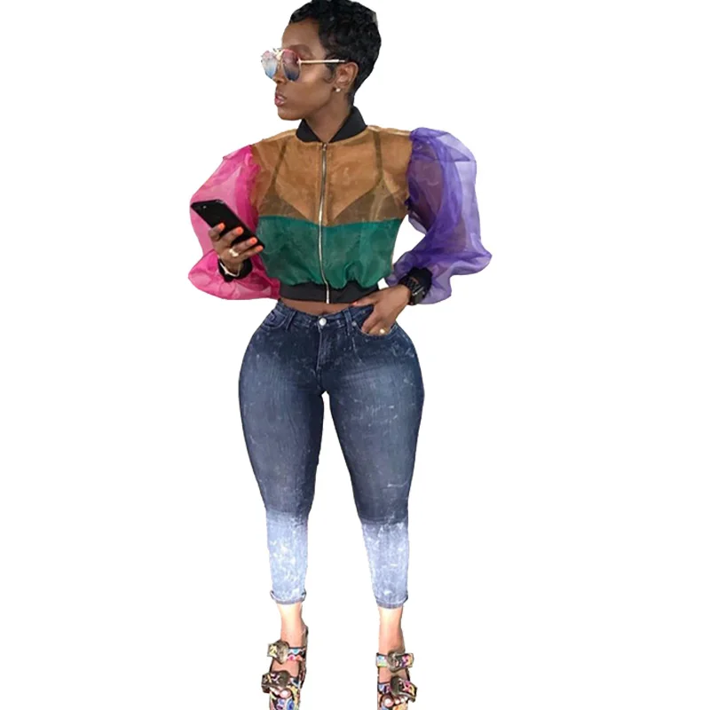 

Transparent Mesh Bomber Jacket Women Autumn Short Jacket Streetwear Lantern Long Sleeve Slim Patchwork Zipper Thin Jacket Coat