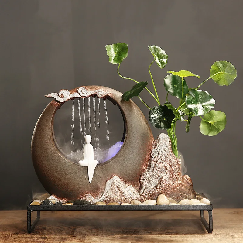 with Figure A Rockery Wonderland с белой фарфоровой фигуркой настольный фонтан, дзен медитация водопад, настольный фонтан воды с плантатором - Цвет: with Figure A