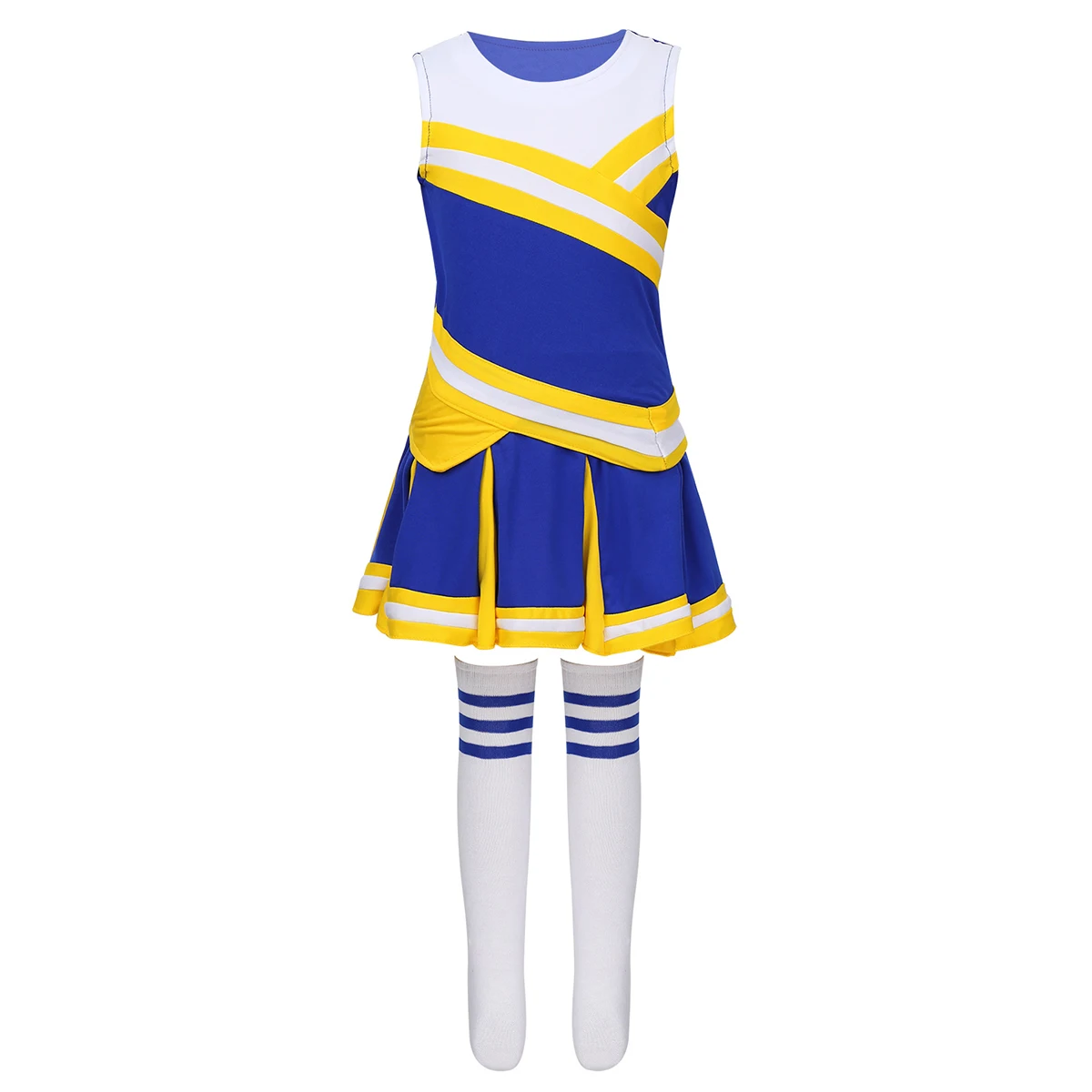 Для маленькой девочки Чирлидинг женское нарядное платье униформа наряд, комплекты из топов с юбка в комплекте, носки для школы сценическое представление, косплей тема Вечерние - Цвет: Yellow Blue