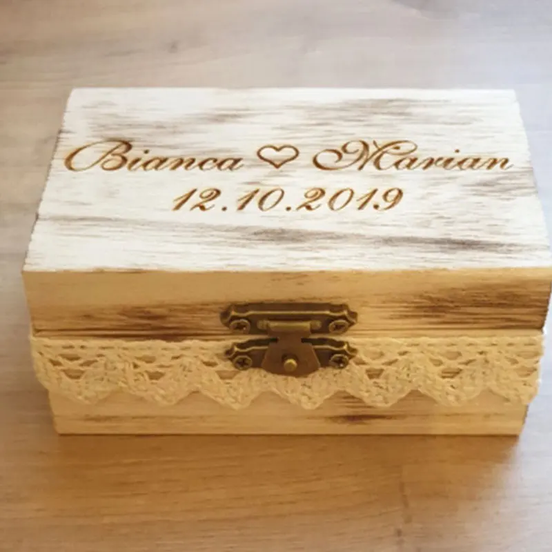 

Ring Box for Wedding Ceremory Personalized Ring Box Square with Lace Wooden Rustic Ring Box Jewalry Holder Engagement Ring Box