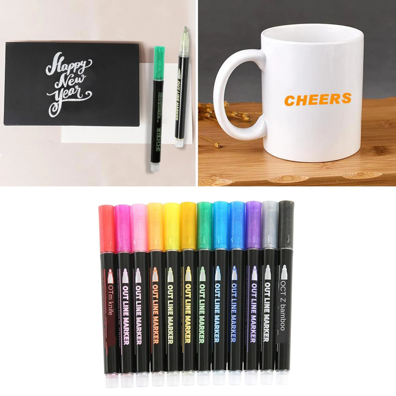 12 Colors Self Outline Metallic Markers Permanent Marker Pens Craft Markers Set
