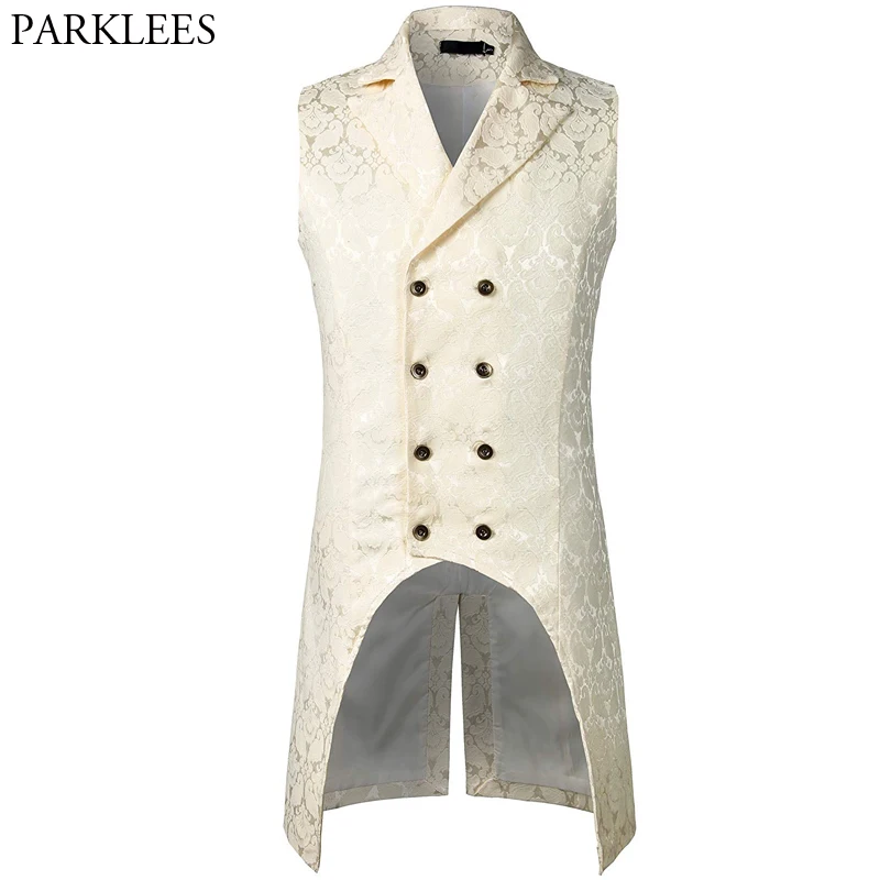 Mens Black Gothic Steampunk Vest 2022 Brand New Medieval Jacquard Double Breasted Vest Waistcoat Men Stage Cosplay Prom Costume