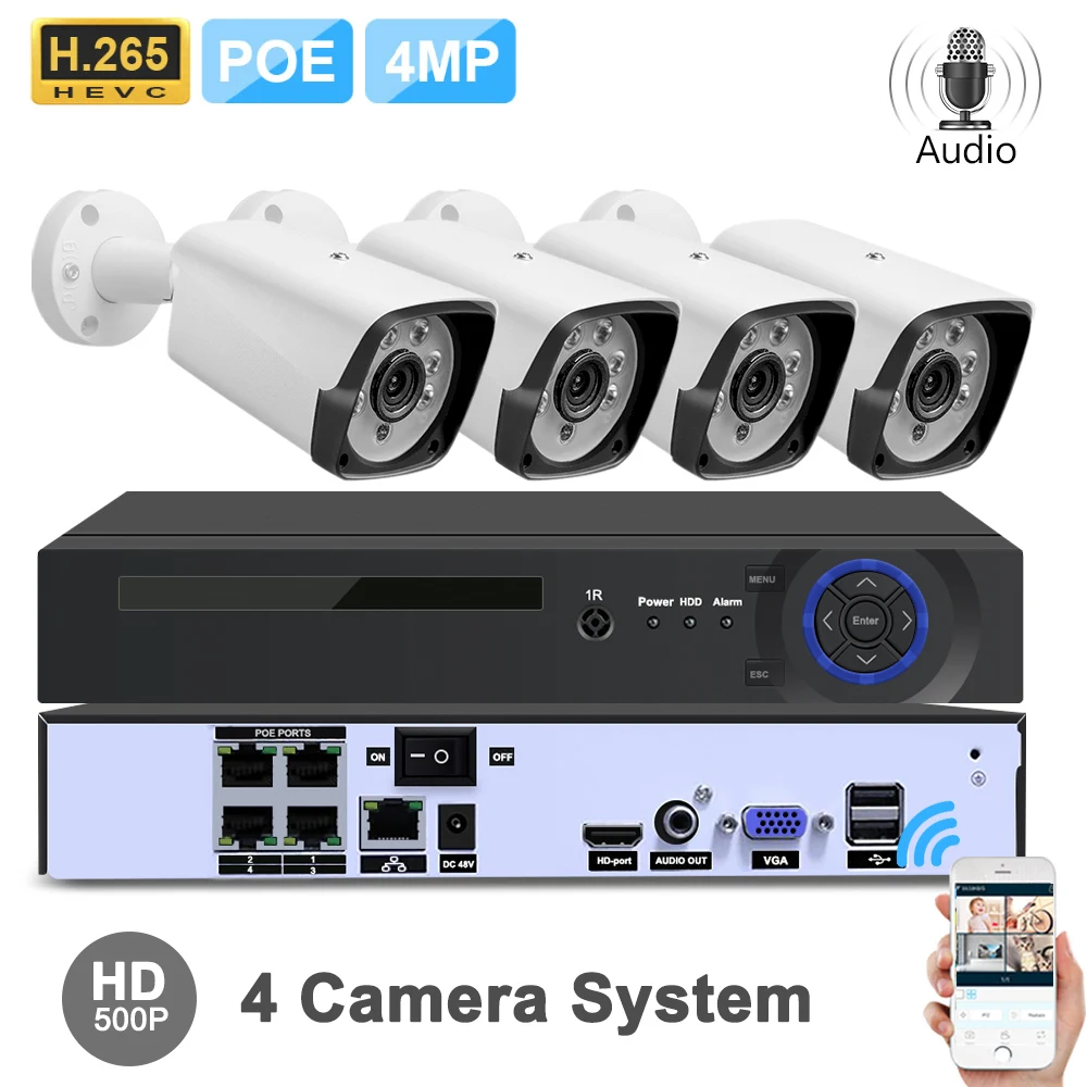 H.265 4CH 1080P 2MP POE камера безопасности системы NVR комплект аудио IP камера ИК водонепроницаемый CCTV видео наблюдения комплект 5,0 мегапикселей