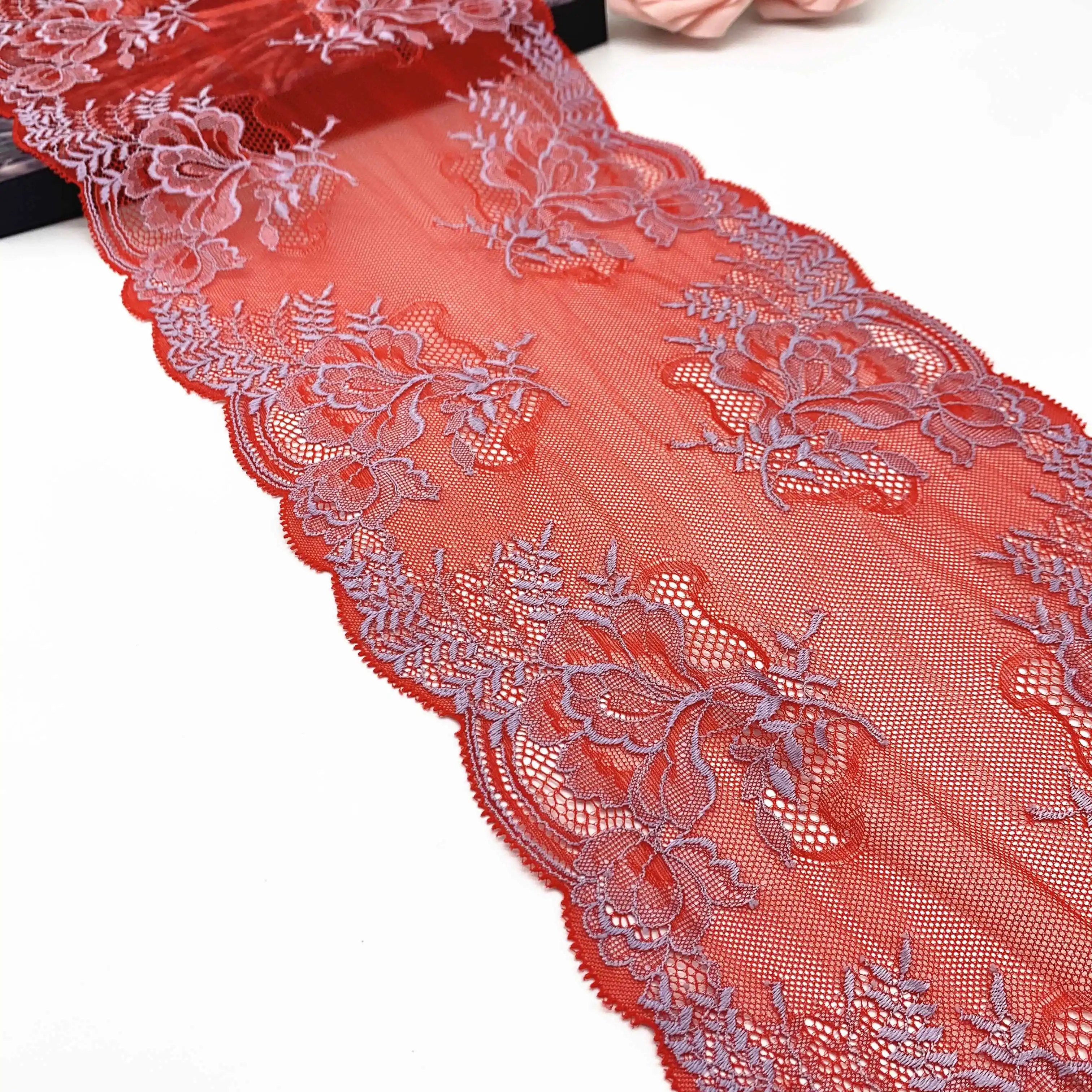 3M/lot Width 7 7/8 inch (20cm) Red Stretch Lace Trim 1