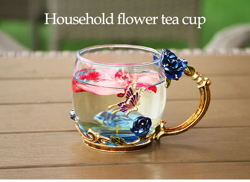 Чашка Цветочная чайная чашка синее розовое стекло чашка эмалированная чашка домашняя Цветочная чайная чашка Термостойкое стекло предметы первой необходимости Подарочное стекло