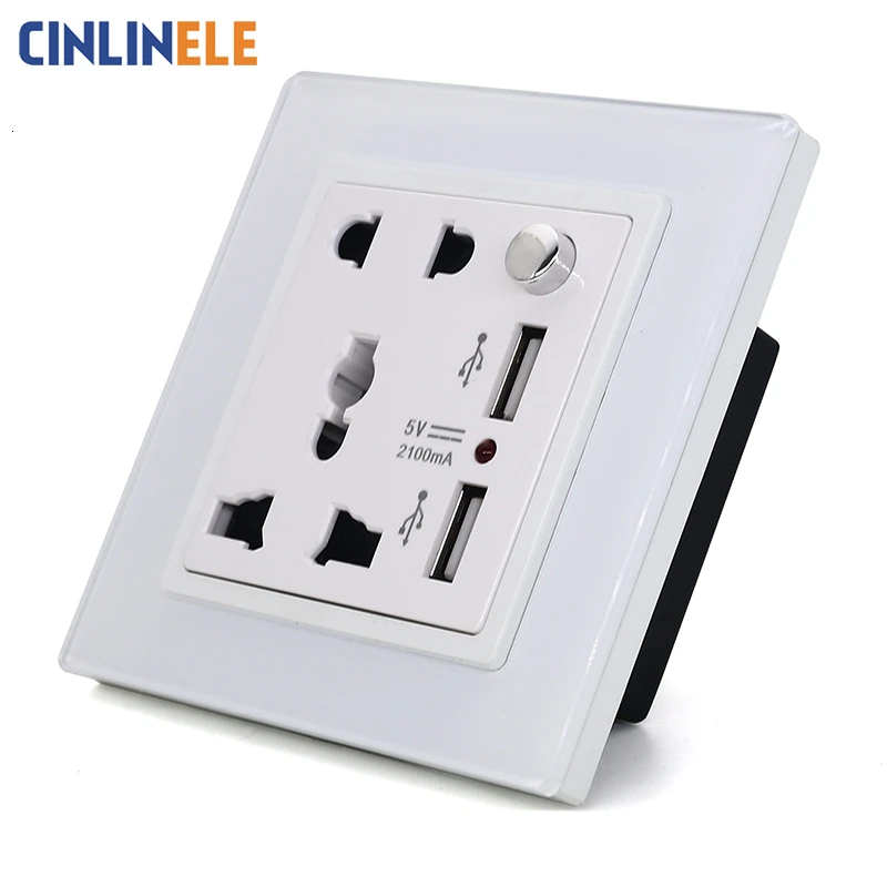 

White Glass Panel 10V Universal Socket + 2 USB 5V Same Color As Touch Switch Customizable Siamese Switch & Socket 90-250V