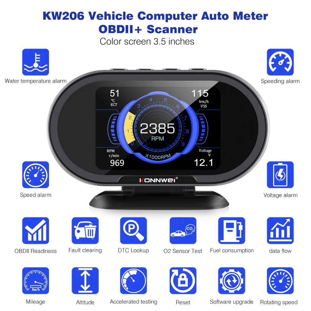 KONNWEI KW206 OBD2 Scanner Car Digital On-Board Computer LCD Display Fuel Consumption Water Temperature Gauge Speedometer HUD 3