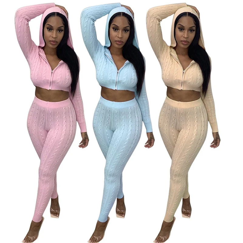 Solid Knitted Women Two Piece Sweater Set Long Sleeve Zipper Sweater Hooded Top And Comfortable Stretchy Skinny Pant Solid Sets