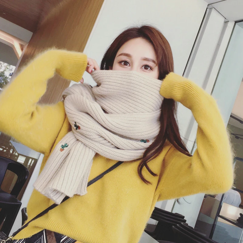 

New fashion Korean warm cactus embroidery scarf winter comfortable knit outdoor thick large shawl long simple couple soft scarf