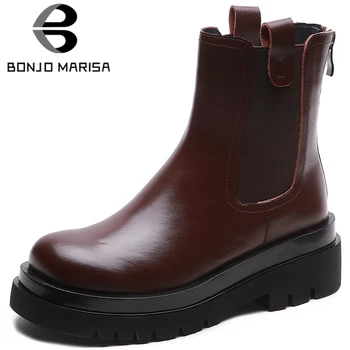

BONJOMARISA New Elegant Round Toe Chelsea Boots Platform Genuine Leather Ankle Boots Women Med Square Heels Shoes Woman