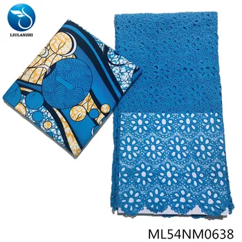 

BEAUTIFICAL cotton wax ankara design 3 yards + 2 yards light bule lace cord lace for dress ML54NM0626-38