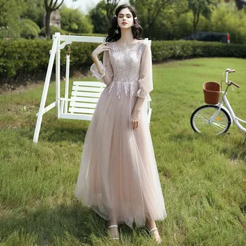 

New Bridesmaid Dresses Pink Appliques A-Line Long Wedding Party Dress Halter Half Sleeve Crepe Elegant Vestido De Festa R020
